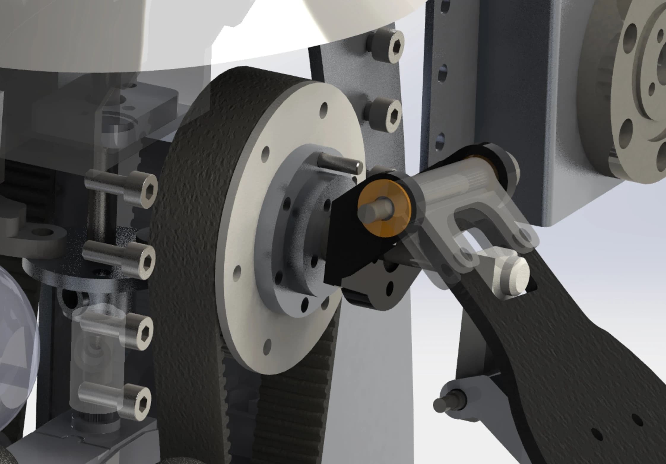 Close-up render of a belt-driven joint assembly
