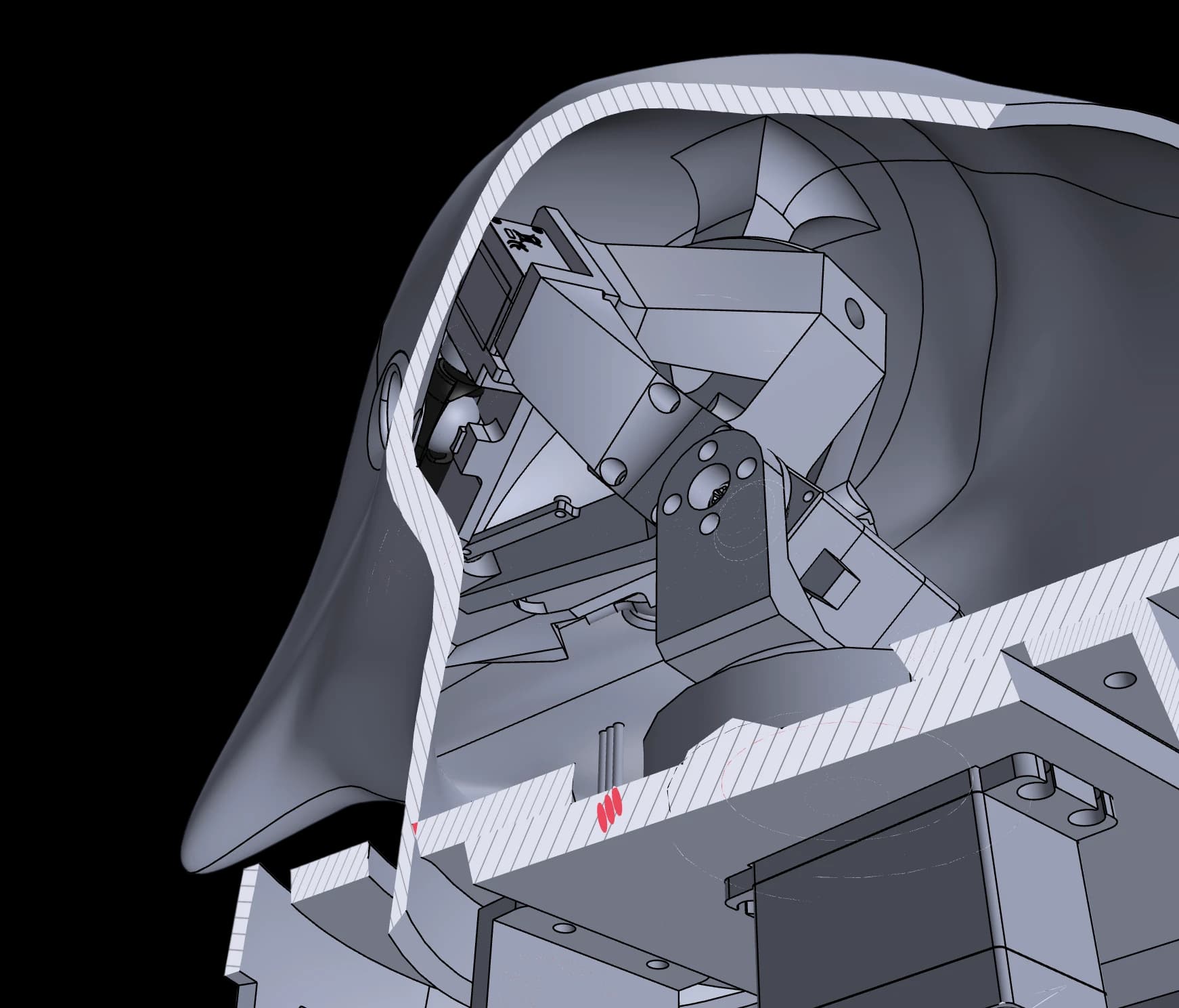 Cutaway render of the animatronic head mechanism